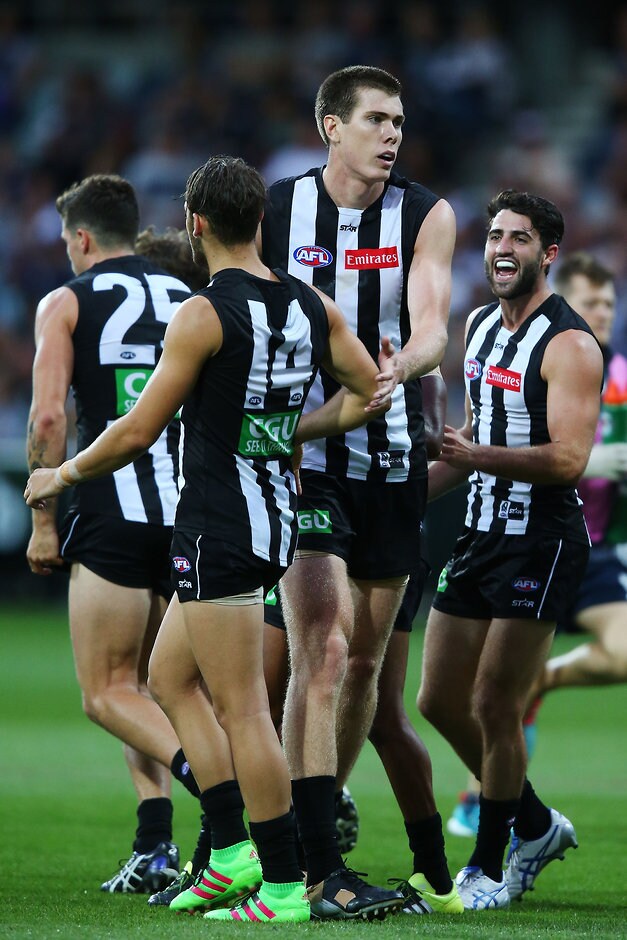 AFL 2016 NAB Challenge - Geelong v Collingwood Mason Cox celebrates one of his two goals on Friday night - ${keywords}